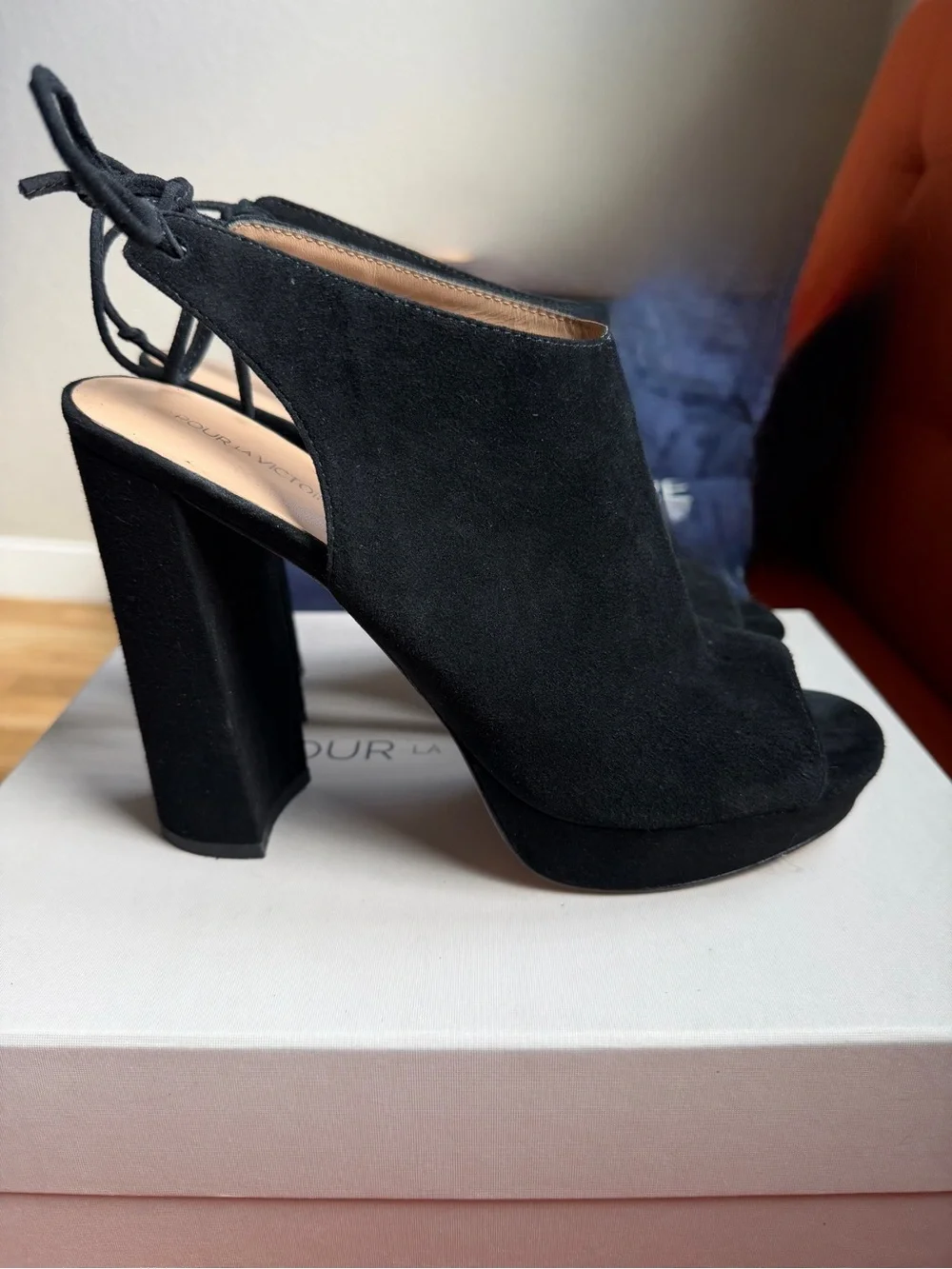 Pour La Victoire Black Suede Platform Peep-Toe Block Heels